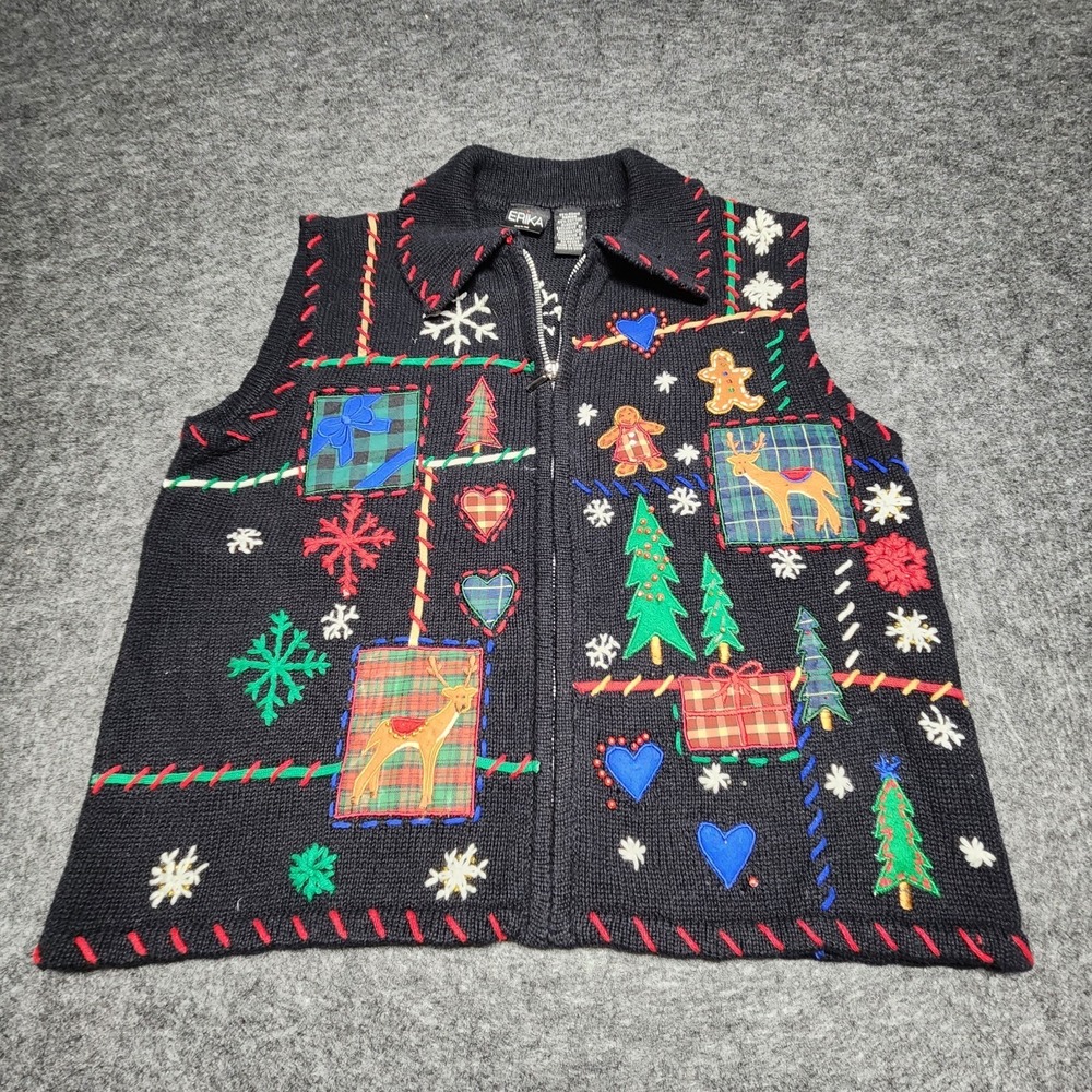 Erika Womens Christmas Cardigan Sweater Vest Patchwork Embroidered Petite Medium